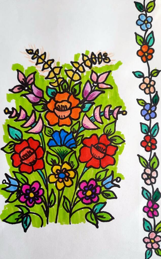 kolorowe kwiaty namalowane markerami na białym papierze