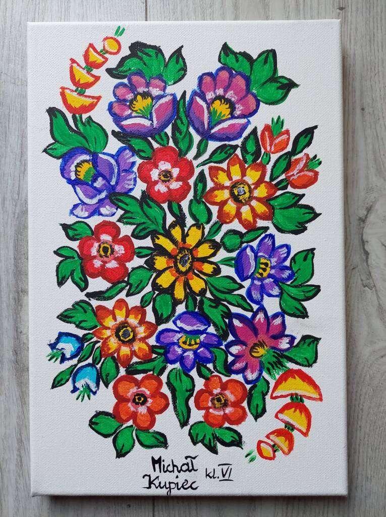 kolorowe kwiaty namalowane na białym papierze