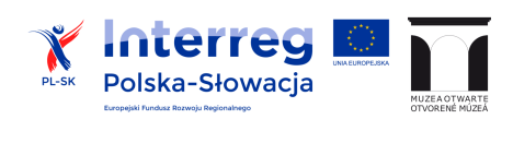 baner z niebieskim napisem Interreg Polska-Słowacja o raz logo projektu Muzea Otwarte - ikona muzeum z otwartymi drzwiami - link do podstrony projektu